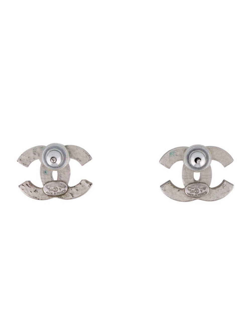 CHANEL Silver Double C Crystal Logo Stud Earrings - Picture 3 of 3